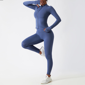Women's Blue Seamless Yoga Set High Waist Leggings <b>Crop</b> <b>Top</b> With Zipper Jacket Activewear Fitness Outfit - Product Image 4