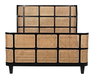 Modern Rattan Headboard <b>Bed</b> Frame Wooden Bedstead Black and Natural Panel <b>Bed</b> for Hotel Home Bedroom - Product Image 1