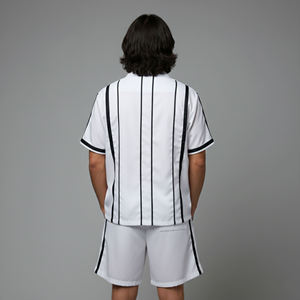 Top TrendinUnisex Plus Size White Striped <b>Short</b> <b>Sleeve</b> <b>Button</b>-<b>Up</b> <b>Shirt</b> <b>Shorts</b> Set Casual Summer Wear Front Logo Print Breathable - Product Image 2