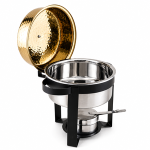 Stainless Steel Chafing Dish Food Warmer Round <b>Hammered</b> Gold Lid Black Stand Catering Durable Non-Stick Middle Eastern Design - Product Image 2