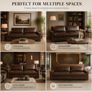 Premium Midcentury Modern Leather <b>Sofa</b> Bed Two Seat Solid Wood Legs Back Boxy Arm Living Room Hotel Lounge Villa - Product Image 6