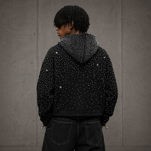 Sweat à capuche zippé mi-long pour homme en molleton bouclette 380-500 g/m² avec strass, coupe ample, personnalisable avec logos sur mesure, style streetwear - Product Image 3
