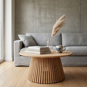 Table basse ronde en teck massif, artisanale et moderne, avec base à lattes, écologique, pour salon, fabricant en gros - Product Image 5