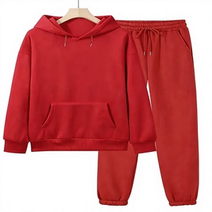 Women Red Hooded Sweatshirt Jogger Set Solid Color Two Piece Tracksuit Casual Regular Fit Full Sleeve Fleece Sportswear - Product Image 1
