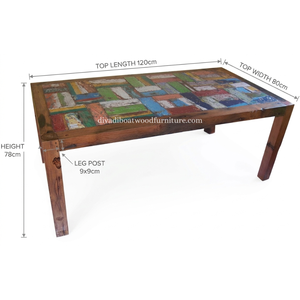 Table à manger DIVADI, modèle carré à pieds fixes, patchwork, bois de bateau recyclé, design durable, écologique, pour intérieur et extérieur - Product Image 2