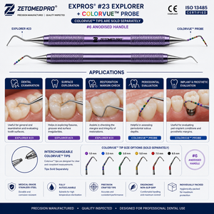 เอ็กซ์โปรส์ # 23 Explorer + Colorvue Probe หัววัดแบบสองด้านสำหรับงานทันตกรรม # ด้ามจับอะโนไดซ์ 6 จุด สแตนเลสสตีล Zetomed Pro - Product Image 2