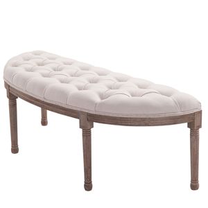 Panca Ottomana Vintage Semicircolare in Velluto Trapuntato Bianco Crema con Gambe in Legno di Gomma per Corridoio - Product Image 1