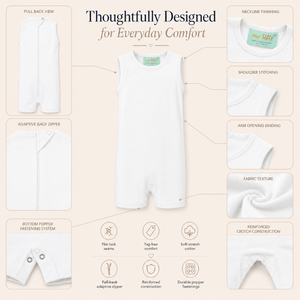 ชุดบอดี้สูทสีขาวแบบไม่มีแขนมีซิป |   เสื้อผ้าสำหรับผู้มีความบกพร่องทางประสาทสัมผัส ผ้าฝ้ายยืดหยุ่น 100% นุ่ม ระบายอากาศได้ดี เหมาะสำหรับเด็กทุกเพศทุกวัย ทุกฤดูกาล - Product Image 3