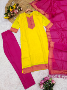 <b>Women's</b> Yellow Pink Cotton <b>Kurta</b> Set With Dupatta Traditional Indian Pakistani Casual Wear Regular Fit Suit Set for <b>Womens</b> - Product Image 3