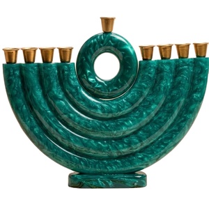 Handmade Luxury Green Resin & Brass Menorah - Elegant 9-<b>Branch</b> Hanukkah Candle Holder for Festive Home Decor & Judaic Gifts - Product Image 1