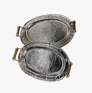 Hammered Oval Shaped Silver Tray Wooden Handle Dining <b>Table</b> Food Serving Silver Tray Decorative <b>Copper</b> Tray - Product Image 5