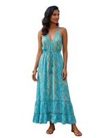 Talla Única Y2K Boho, Vestido Maxi de Seda Tejida India con Estampado Floral, Estilo Coreano de Verano, Cuello en V, Sin Mangas, con Aberturas, Antiarrugas, Lavable, Dulce