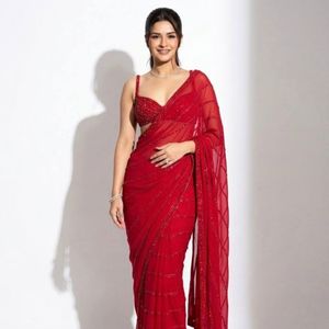 <b>Red</b> Georgette Saree Sequins Dori Work Heavy Banglori Silk Blouse Quick Dry AARIKA TEXTILE for Women Party Wear Festive Wedding - Product Image 1