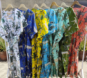 Vestido Maxi Kaftan con Estampado Tropical, Cuello en V, Manga Corta, Corte Holgado, Cintura Elástica, Tejido Transpirable, Vestido Casual de Verano - Product Image 2