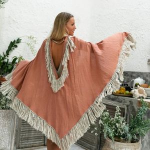 Poncho Bohème à Franges pour Femme, Cape en Coton, Cardigan Cache-cou, Robe Hippie à Dos Ouvert, Vêtement Bohème, Manteau de Cérémonie, Rose Poudré - Product Image 2