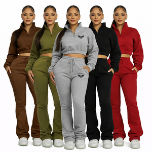 Conjunto de chándal de forro polar para mujer, sudadera corta con media cremallera y pantalones jogger, conjunto de 2 piezas, ropa deportiva informal, traje de descanso, atuendo de invierno - Product Image 1