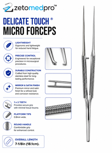 Pinzas de Precisión Delicate Touch Micro Forceps Ligeras 1x2 Dientes Mango Redondo Puntas de Plataforma de 0.8mm Acabado Espejo Satinado 7-1/8in 18.1cm ZETOMEDPRO - Product Image 2