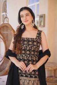 Salwar Kameez en rayonne brodée noire, longueur ras du sol, tenue de mariage traditionnelle avec dupatta pour femmes, style Inde Pakistan - Product Image 5
