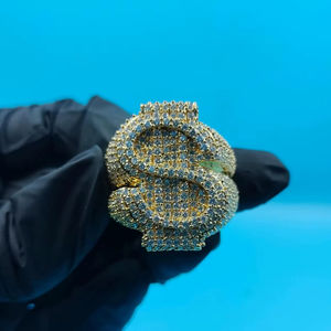 Anillo de Lujo Chapado en Oro de 14k y Plata 925 con Diamantes, Diseño de Símbolo de Dólar, Estilo Hip Hop, Brillante y Moderno para Raperos - Product Image 2