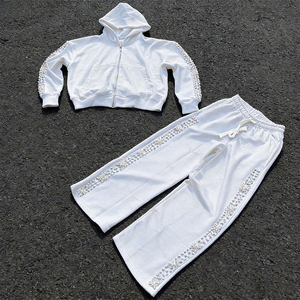 Custom Men's 100% Cotton Heavyweight <b>Thermal</b> Winter Vintage Streetwear <b>Tracksuits</b> Rhinestone Zip-Up Hoodies - Product Image 4