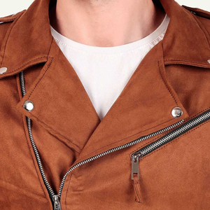 Customizable Brown Bomber Suede <b>Leather</b> <b>Jacket</b> for Men Stand Collar Zipper Closure Casual Fashion Plain Dyed Technique - Product Image 4