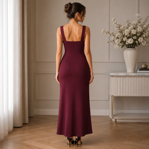 Vestido midi entallado con fruncido color borgoña para mujer |   Vestido Elegante sin Mangas con Cuello en V, Estilo Vintage, para Cóctel, Fiesta, Invitada de Boda, Holgado, Primavera-Otoño - Product Image 3