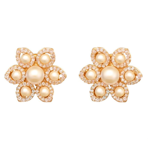 Gold Plated AD Big Floral Stud Earrings with Pearl and Diamond Accents - Product Image 2