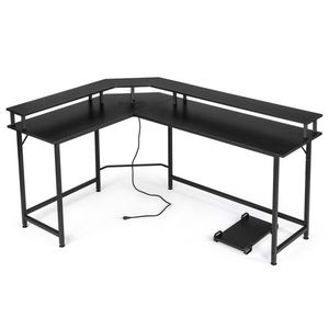 Black Pockmarked Particle Board Computer Desk with RGB Light L-Shaped Upper Shelf 170*120*75cm 2 U Storage-Triamine Coating - Product Image 2