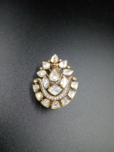 Oval Shape Silver <b>Gold</b> Plated Brooch with Moissanite & Polki Stones for Unisex Party Wear Accessories - Product Image 1