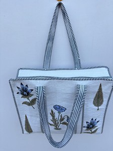 Women <b>White</b> Cotton Tote <b>Bag</b> With Blue Floral Print Bohemian Style Summer Casual Zipper Shopping Travel Handbag for Women - Product Image 2