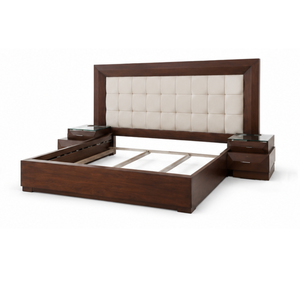 Modern Solid Teak Wood <b>Bed</b> <b>Frame</b> with Upholstered Headboard Bedroom Furniture Custom King <b>Queen</b> <b>Size</b> - Product Image 1