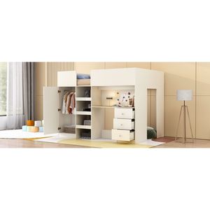 Letto a soppalco beige full-size con armadio integrato, scrivania e scaffali portaoggetti - per dormitori, struttura in legno - Product Image 5