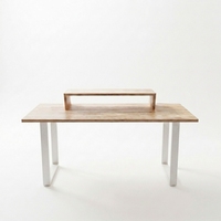 Bureau d'ordinateur moderne en bois massif avec support d'écran surélevé, étagère et cadre en métal blanc en U, table d'écriture ergonomique pour l'étude