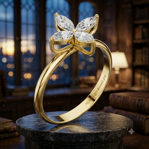 Bague de fiançailles en or jaune avec moissanite taille marquise motif floral pour femme, bague minimaliste fleurie pour mariage, anniversaire ou promesse - Product Image 1