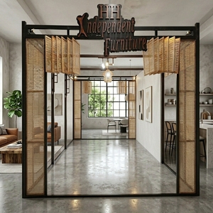 Cloison coulissante en rotin moderne avec cadre en acier inoxydable et panneau en verre pour hall d'hôtel et restaurant - Product Image 1