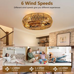 Ventilatore da soffitto Boho da 19 pollici a montaggio a filo con telecomando, a basso profilo, a 6 velocità, senza pale, con luci a gabbia - Product Image 6