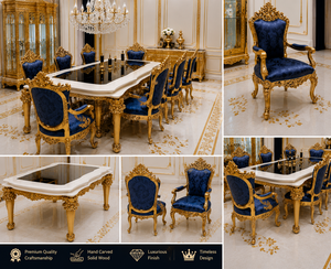 Juego de Comedor Extensible y Plegable de Madera de Teca Azul Tradicional, Inspirado en el Rococó Real, con Tapicería Acolchada - Product Image 6