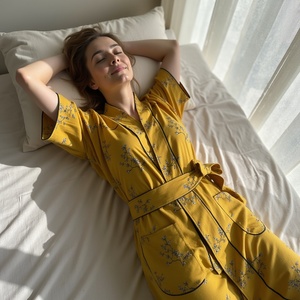 Urban Mustard Fusion Intemporel Moutarde Radiance Tissu doux lavage en machine 100% coton moutarde noir passepoil design kimono robe plus - Product Image 6