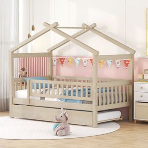 Letto a capanna in legno naturale per bambini, con letto estraibile, per cameretta singola - Product Image 2