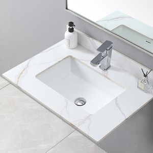 Montary Top per mobile bagno in pietra da 31 pollici Carrara Gold con lavabo in ceramica a incasso, foro singolo per rubinetto e paraschizzi - Mobili bagno singoli - Product Image 2