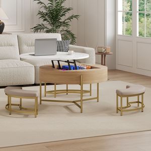 Modern <b>Round</b> Lift Top Coffee <b>Table</b> with Storage 3 <b>White</b> and Natural Ottoman <b>White</b> and Natural Color - Product Image 1