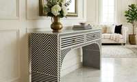 Table console moderne Belladec, style antique, noir et blanc, motif géométrique, faite à la main, écologique, incrustation en os, design personnalisé, pour le sol