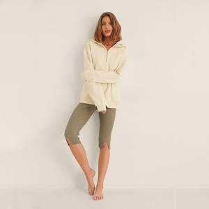 <b>Women's</b> Cream Hooded <b>Quarter</b>-<b>Zip</b> Sweatshirt 100% Cotton Knitted Casual Autumn Solid Color Long Sleeve Regular Fit - Product Image 2
