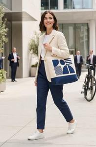 Geometric Print Blue/Navy Cotton <b>Canvas</b> Tote Bag Magnetic Snap Closure Large Capacity Women's Shoulder <b>Handbag</b> Eco-Friendly Dual - Product Image 2