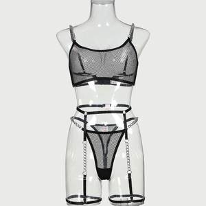 Conjunto de lencería sexy de 3 piezas con control firme, diseño de cadena y rejilla de tres puntos, de poliéster fino y transpirable, venta al por mayor 2024 - Product Image 4