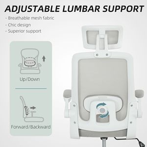 Silla de oficina ejecutiva de malla con brazos móviles, soporte lumbar ajustable gris y reposacabezas giratorio - Product Image 5
