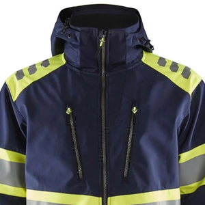 High Visibility Safety <b>Jacket</b> Class 2 Waterproof Reflective <b>Work</b> <b>Jacket</b> with Hood and Pockets Navy Blue with Lime Green Stripes - Product Image 3