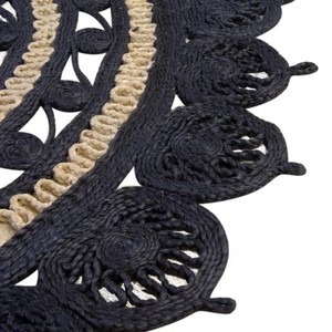 Tapis ovale en jute fait main, rayé, style bohème, tissage plat, pour salon, bleu marine et beige, à poils ras. - Product Image 2
