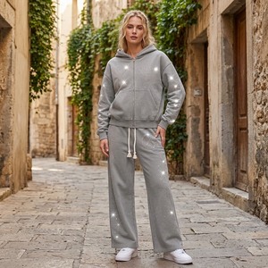 Ensemble survêtement streetwear personnalisé 2024 gris avec strass, coupe ample, fermeture éclair intégrale, tenue décontractée pour adultes, style automne - Product Image 3