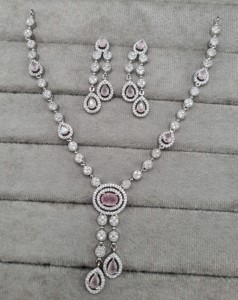 Exquisite AD Oval Stone Necklace <b>Set</b> <b>Silver</b> & Rhodium Plated Y Shape Necklace With Matching Earrings For Womens AD <b>Jewellery</b> <b>Set</b> - Product Image 4